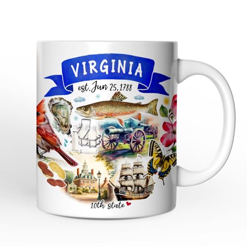 OrnamentallyYou State Travel Landmark Mugs – 12 oz Ceramic Coffee Cups, U.S. Souvenir Gift for Tourists (Artistic Virginia State Themes and Landmarks Mug)