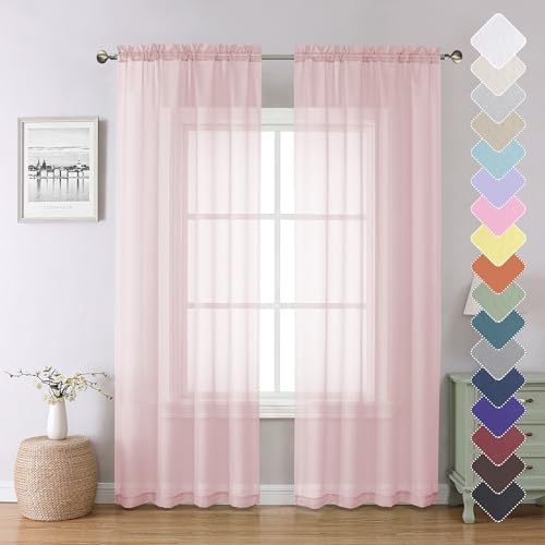 Lecloud Blush Pink Sheer Curtains 84 Inches Long 2 Panels Set Light Filtering Window Curtains for Living Room Bedroom Solid Voile French Door/Dining Room Drapes with Dual Rod Pocket 40 W X 84 L