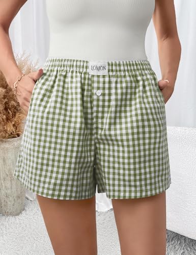 Image of LOMON Boxer Shorts for Women Summer Gingham Pajamas 2026 Lounge Sleep Pj Plaid Shorts Y2K Beach Bottoms with Pockets