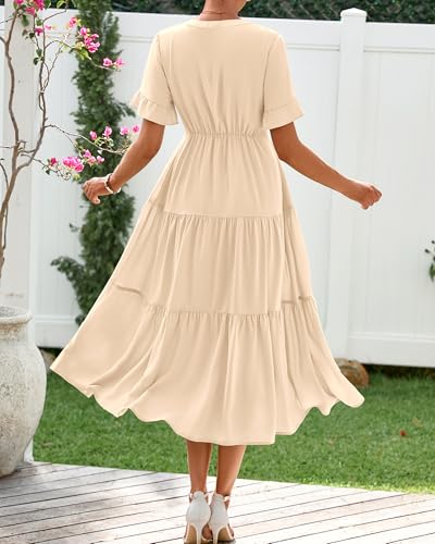 Image of BTFBM Summer Dresses for Women 2025 Vacation V Neck Loose Short Sleeve A Line Tiered Flowy Casual Midi Beach Dress