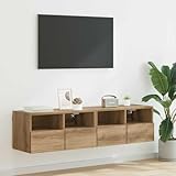 Espace de rangement maximal dans une forme compacte : l'étagère murale dispose de huit étagères en bois réglables derrière chacune des deux portes – assez d'espace pour les récepteurs, les consoles de jeux DVD et la décoration, sans que la table de salon ne souffre de cela. Monté au mur, le meuble TV crée un sol libre et s'adapte également aux petits studios ou couloirs.