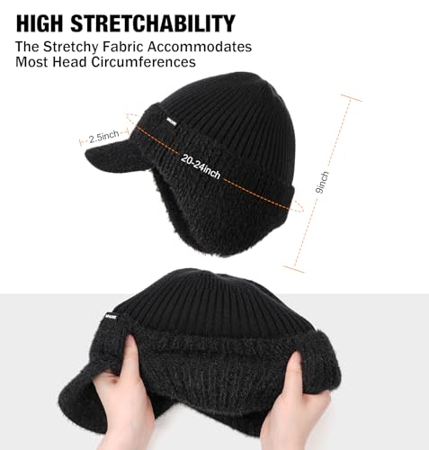 Wmcaps Wintermütze mit Visier und Ohrenklappen für Herren, Dicke Fleece gefütterte Stirnklappenmütze, Winddichte Kälteschutz Mütze für Outdoor, Geschenk für Ehemann Vater Männer (Schwarz)