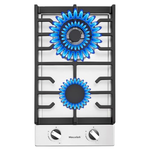 2 Burner Gas Cooktop, 12 Inch Built-in Gas Stove Top 2 Italy SABAF Burners