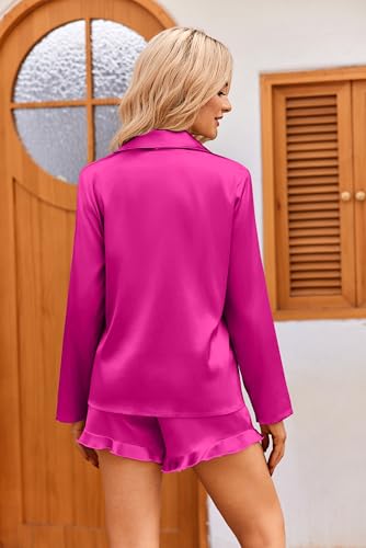 Image of Ekouaer Womens Satin Pajama Sets Long Sleeve Top and Shorts Lounge Set Button Down Sleepwear