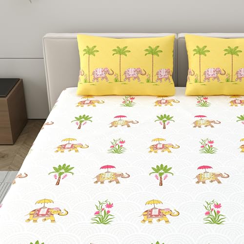 Image of Home Ecstasy 100% Cotton Double Bedsheet with 2 Pillow Covers - (Size 87 x 94 inches, 140 TC, Colour - Yellow: Daffodil)