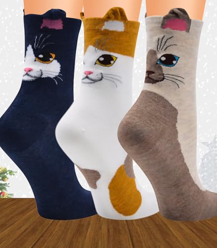 3 Pairs Womens Cotton Cute Cat Thick Warm Boot Socks Cozy Crew Socks Christmas Gift