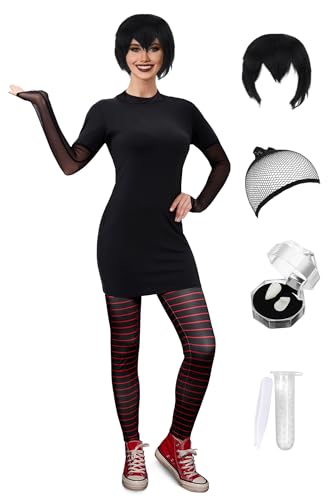 Maisolly Halloween Womens Hotel Vampire Mevis Costume Adult Cosplay Party Dresses with Stirped Tights Wig Black S