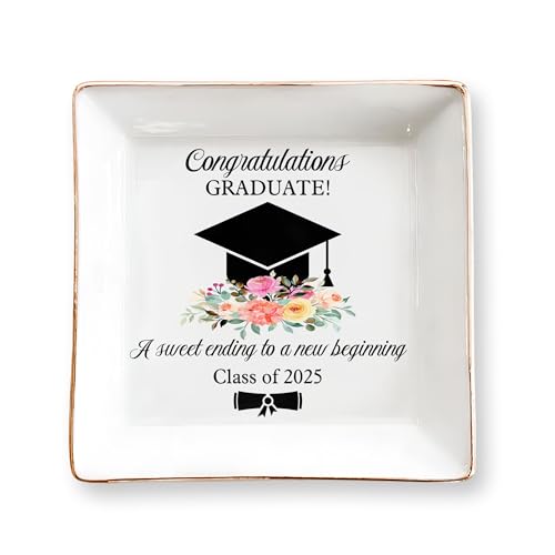 Graduation Gift for Her 2025– 4' Ceramic Jewelry Tray Dish with Cap & Flowers– Class of 2025 Gift for Daughter, Sister, Friend– High School, College or University Graduate Keepsake, Jewelry Dish Gift