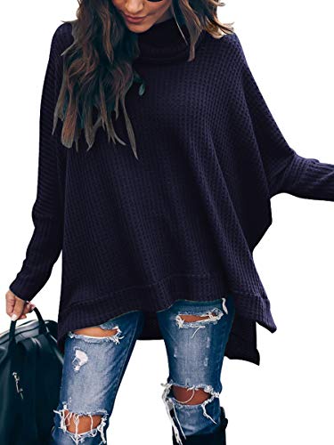 Anrabess Womens Sweater Oversized Turtleneck Long Batwing Sleeve Waffle Knit Split Hem Cozy Baggy Slouchy Casual Loose Fit Fall Tunic Pullover Tops A83Zangqing-S Navyblue #TOP1