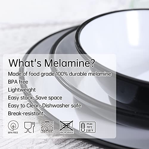 Classic Melamine Dinnerware Set - Basic Dinnerware Set Indoor And Outdoor Use, Reusable Plates And Bowls Set, Unbreakable And Bpa-Free (White-Black, 12Pcs Dinnerware Set) #TOP6