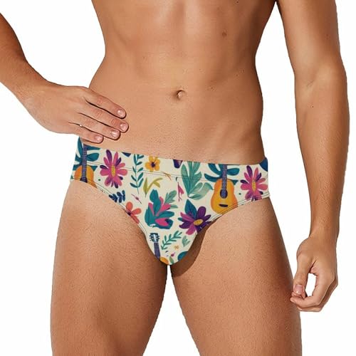 Tropical Colorful Guitar And Floral Men's Swim Trunks Briefs Swimsuit Swimwear Bathing for Underwear Beach