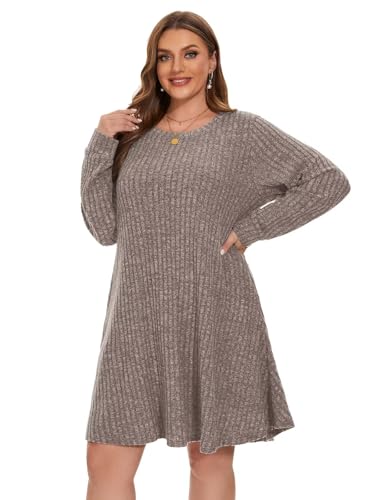 BELAROI Sweater Dress Plus Size Long Sleeve Ribbed Knit Crew Neck Casual Flowy Swing Tunic Pockets Dresses Fall Winter Oufits3