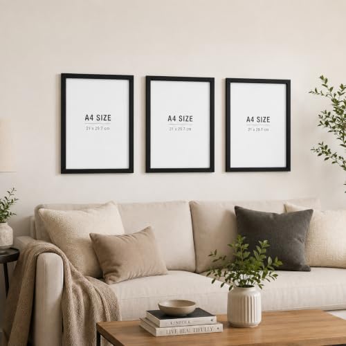 Image of A4 Photo Frames Set of 3, Black Wall Mount Picture Frames, 21 x 29.7 cm, MDF Back for Home & Office Decor
