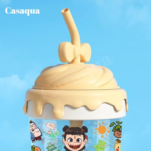 Image of Glass Tumbler with Lid & Straw - 400ml, Set of 1, Cute Bow Handle Sipper Cup, Glass Drinking Cup for Water, Juice, Milk & Smoothies, Cartoon Printed Kids Cup (Receiving Random Color)