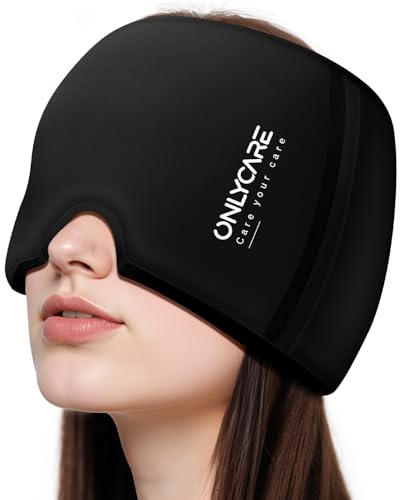 ONLYCARE Migraine Relief Cap Upgraded Odorless Headache Relief Cap 360 Gel Surround Ice Pack Mask for Migraine Sinus Stress Frontal Headaches (Black)