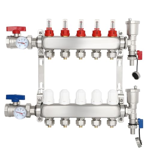 FAHKNS 5-Branch Radiant Heat Manifold,Stainless Steel PEX Manifold for Hydronic Radiant Floor Heating (1/2" Adapters included) Radiant Heat Pex Manifold Set