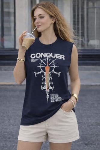 Image of Women's Printed Cotton Sleeveless Vest | Round Neck t-Shirt|Casual Gym Tank Top-M8299