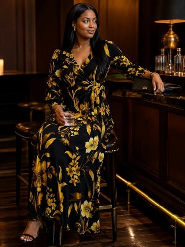 Image of PinkPatty Plus Size Dresses for Curvy Women V Neck Flowy Long Sleeves Wrap Maxi Dress Travel Vacation Outfits