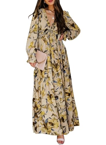 Image of BLENCOT Womens Casual Boho Floral Printed V Neck Long Sleeve Long Maxi Dress Spring Summer Dresses