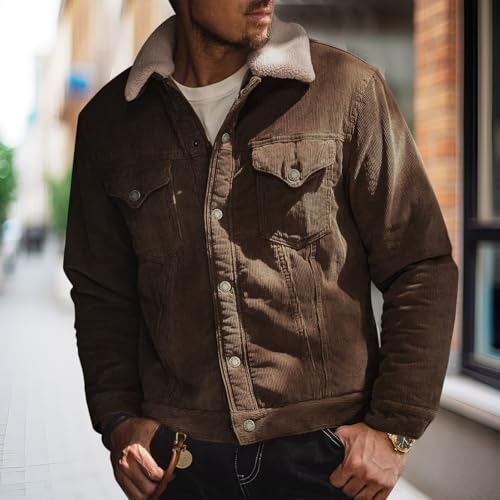 ZYXTIM Men's Corduroy Fleece Jacket Winter Sherpa Lined Denim Trucker Jacket Fur Collar Lapel Button Down Vintage Cowboy Coat2