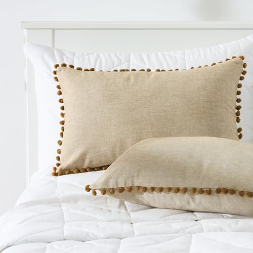 Image of 100% Cotton Pom Pom Cushion Without Filler, Elegant & Modern Cushion Cover for Living Room, Rectangle, 12 inchx20 inch, uni Chambray, Set of 3 - Bronze