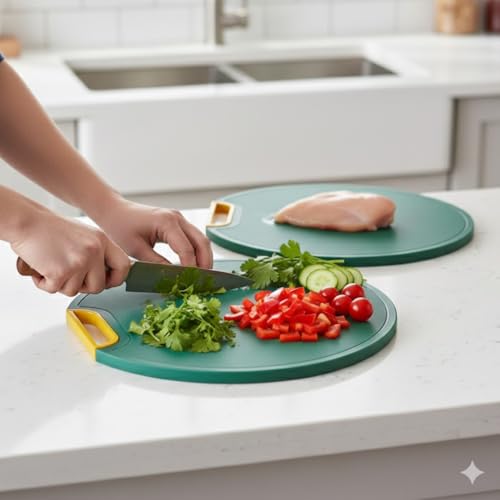 Image of Round Cutting Board with Handle | Dual-Sided Non-Slip Chopping Board | Durable Green Kitchen Cutting Board for Fruits, Vegetables, Meat & Bread