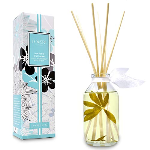 LOVSPA Reed Diffuser Set, Lush Palm & Jasmine Scented Oil Diffuser with Sticks, Home Fragrance Accessories for Bathroom Shelf Decor, Aroma Diffusers for Home or Office Desk, USA Made