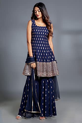 Image of Xomantic Fashion Women's Embroiderd Work Navyblue Color Weding Wear Anarkali Kurta Sharara Set