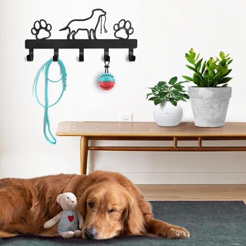 yupeuooe Hundegarderobe mit 5 Haken, Hunde Garderobe Schlüsselhalter Aus Metall, Hundeleinenhalter Wand Mit Hunde Und Pfotenabdrücken, Hundeleinenhalter für Halsband und Hundezubehör, 32x15cm