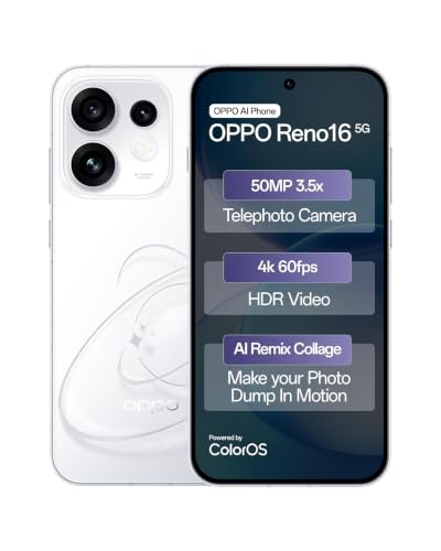 Image of OPPO Reno16 5G((12GB+256GB, Starry White)| 50MP 3.5X Telephoto Camera | 4K 60fps HDR Video | AI Remix Collage | Snapdragon 7 Gen 4 | 6700mAh 80W SUPERVOOC | ColorOS 16 | IP69K