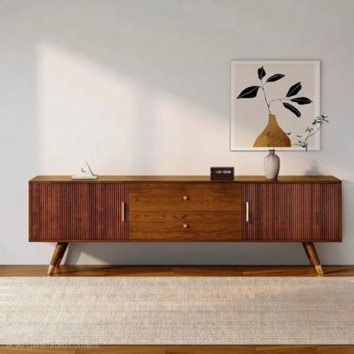 Image of MISAN Modern TV Table | Solid Sheesham Wood Sideboard TV Unit for Living Room, Bedroom, Office Furniture Stand | Wooden Free Standing Entertainment Unit Side Board Table with Storage (Modern, Brown)