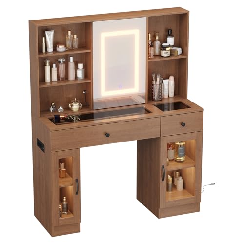 Garvee Large Vanity Desk with Sliding Mirror & 3-Color LED Lights, Makeup Dressing Table with Storage Drawers, Shelves, Cabinets, USB Outlets, MDF Bea