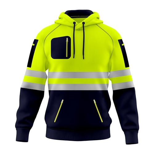 Sudadera con capucha para hombre, de alta visibilidad, con cinta reflectante, alta visibilidad, múltiples bolsillos con cremallera, tallas S-2XL, Amarillo Azul Marino, L
