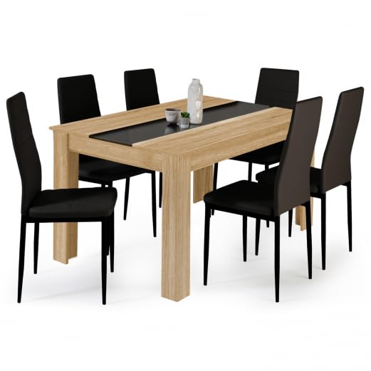 IDMarket – Juego de mesa de comedor Georgia 140 cm imitación haya y negro y 6 sillas romane negras