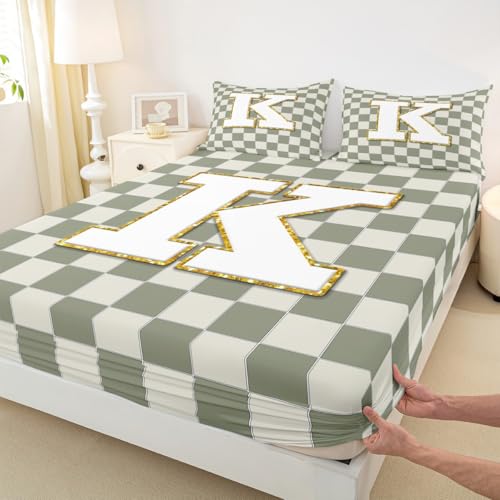 Image of Erosebridal Sage Green Checkered Bed Sheets Queen Plaid Initial K Sheet Set Personalized Monogram Bedding Set for Kids Boys Girls,Fashion Grids Gingham Fitted Flat Sheets 4 Piece