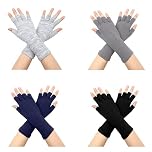 VEGCOO 4 Pairs Half Finger Gloves, Winter Stretch Knit Long Fingerless Gloves for Women Men (Black/Light Grey/Navy/Linen Gray)