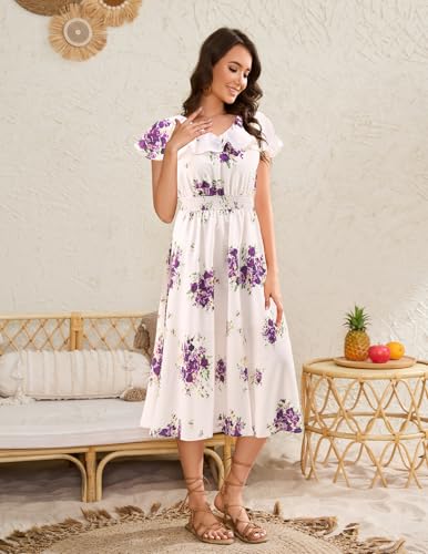 Image of Bridesmay Womens Summer Floral Midi Dresses Ruffle Sleeve Beach Wedding Guest Dress V Neck Swing Flowy Dresses