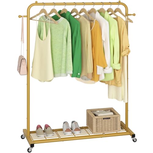 Sywhitta Clothes Rack on wheels, Clothing Rack with Bottom Mesh Storage Shelf,Sturdy Metal Frame,Rolling Garment Rack for Hanging Clothes,Coats,Skirts,39.76