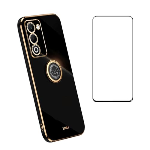 CNPUTAO Compatible with Oppo A5 4G / A5 5G Case Slim Soft Cover with Screen Protector,TPU Bumper with Kickstand Ring Holder Protective Cover,Black