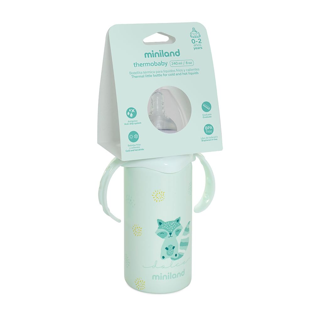 Miniland Thermobaby Dolce Menta 240ml. Thermos da 240ml in acciaio inox con tettarella, a doppio strato di acciaio, che mantiene la temperatura della bevanda fredda e calda per ore.