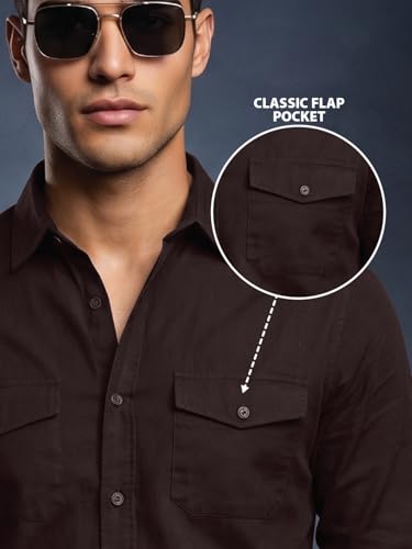 Image of Veirdo Men's Pure Cotton Utility Shirt | Full Sleeve Casual Button-Down with Dual Chest Pockets | Stylish & Comfortable Everyday Wear | Colors: Beige, Black, Maroon, Olive, Rust & White