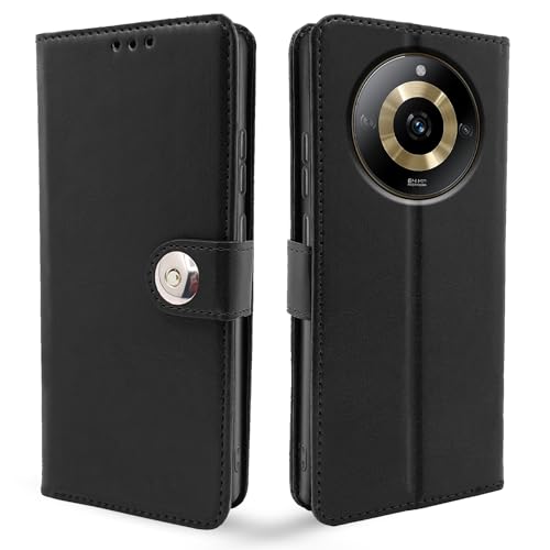 Image of Pikkme Realme Narzo 60 5G Flip Cover Leather Finish | Inside TPU with Card Pockets | Wallet Stand and Shock Proof | Complete Protection Button Flip Case (Black)
