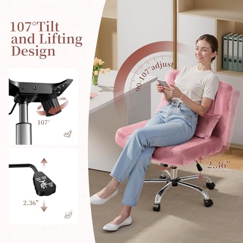 Image of Velvet Criss Cross Desk Chair with Wheels, Luxury Cross Legged Office Office, Swivel Wide Seat Vanity Chair, Armless Adjustable Height Gaming Chair Gift, Dusty (1, Light Rose Pink)