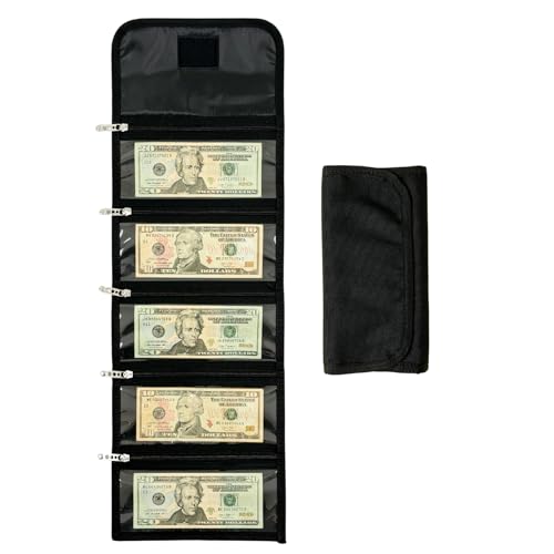 Money Wallet Organizer for Cash with 5 Zippered Pockets - Handy Currency Organizer & Cash Envelope Wallet - Ideal Money Holder for Bills, Coins, Foreign Currencies and Travel - Black