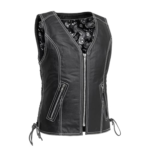 First Mfg Co Cindy V-Neck Motorcycle Leather Vest: Premium cow leather, center zipper, D-Ring laces, concealment pockets, satin lining.