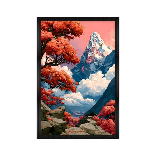 Image of Japanese Mountain Landscape Premium Framed Wall Poster (12x18 Inch) | Red Maple Tree & Snowy Mountain Wall Art | Asian Nature Decor for Bedroom, Living Room, Office & Zen Space