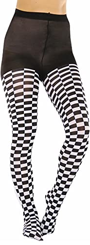 Image of ToBeInStyle Women's Harlequin Checkered Diamond Optical Illusion Opaque Tights Pantyhose - Black & White