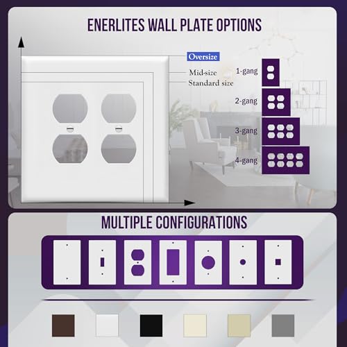Image of ENERLITES Jumbo Double Duplex Receptacle Cover, Two Outlet Wall Plate, Oversized 2-Gang 5.5 inch x 5.5 inch, Unbreakable Polycarbonate Thermoplastic, UL Listed, 8822O-W, White