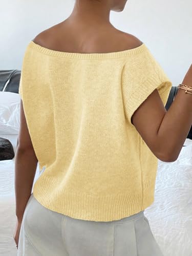 Womens Floral Off Shoulder Sweater Vest Cute Cap Sleeve Tops 3D Flower Decor Knit Tank Top Loose Fall Summer Clothes3