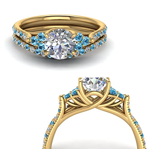 Image of Choose Your Gemstone Round Cut Petite Cathedral Wedding Ring Set Yellow Gold Plated Round Shape Wedding Ring Sets Matching Jewelry Wedding Jewelry Easy to Wear Gifts US Size 4 to 12